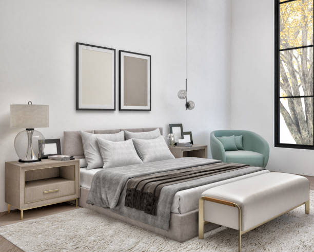 Modern bedroom design with stylish furniture and decor elements