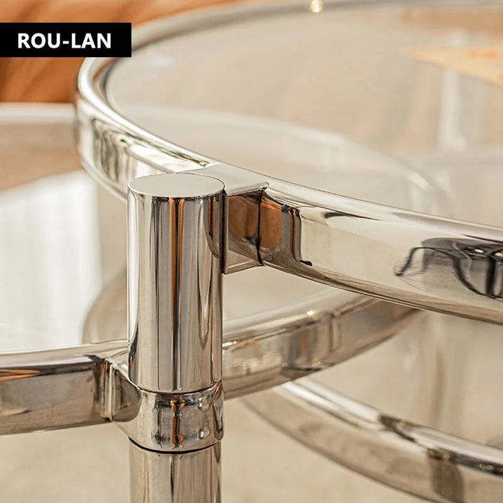 Tempered Glass Coffee Table Household Stainless Steel Tea Table Light Luxury Living Room With Movable Rotating Edge Table