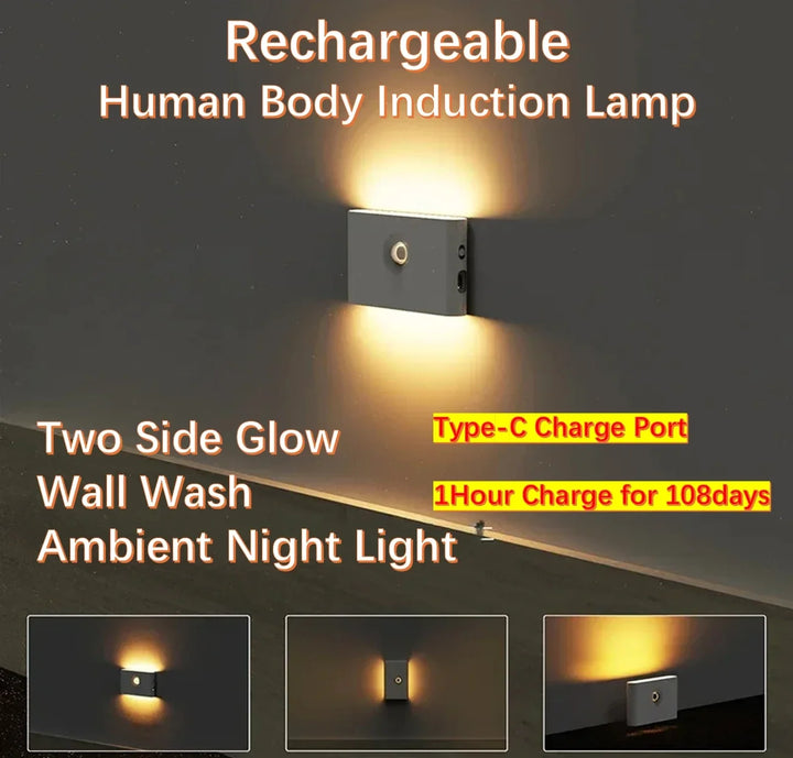 Wall Wash Motion Sensor Wireless LED Night Light USB Rechargeable Human Body Induction for Kitchen Cabinet Wardrobe Closet Light