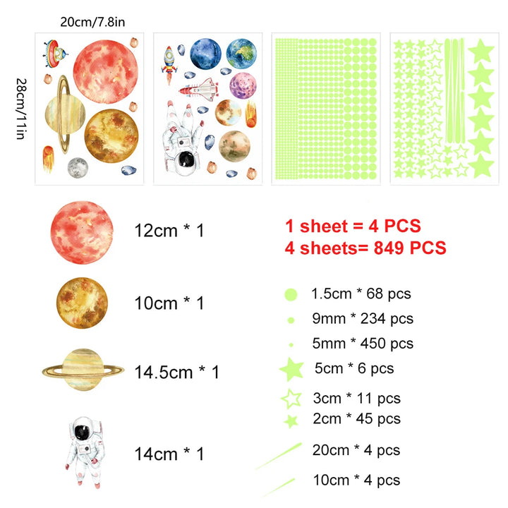 849Pcs Glow in The Dark Stars Wall Stickers Glowing Stars for Ceiling Luminous Planet Spaceship Wall Decals DIY Kids Room Decor